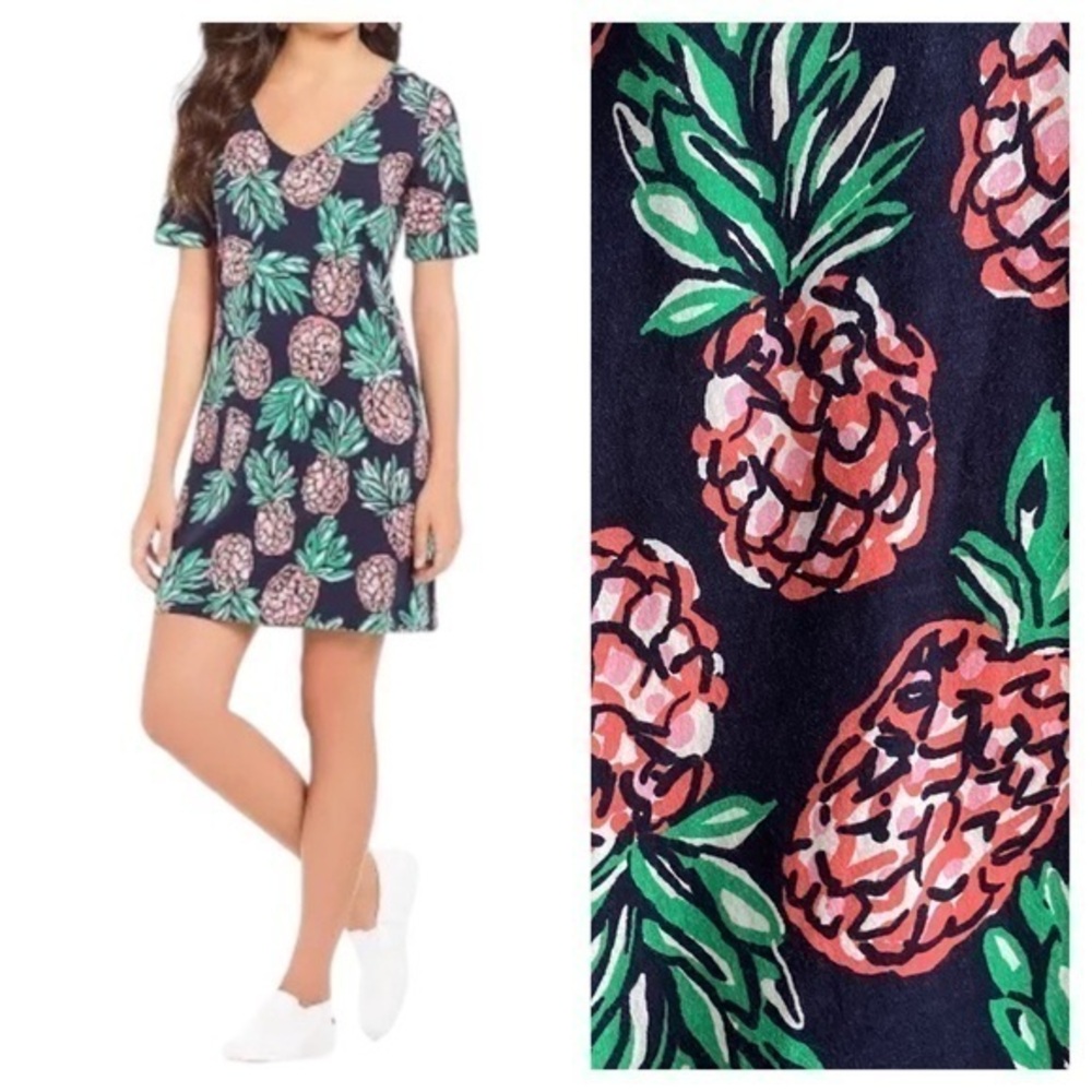 Draper James Navy Blue Pink Green Pineapple Pima Cotton T-shirt Dress XS
